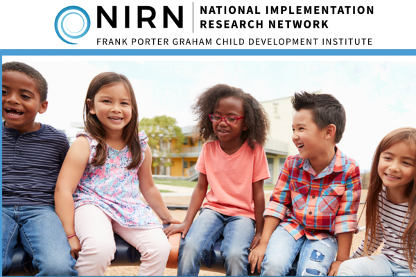 NIRN National Implementation Research Network logo with blue swirl above photo of five young children sitting outside and smiling