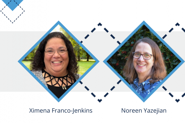 ximena franco-jenkins at left and noreen yazejian at right; headshots of two women in diamond shapes with unc argyle pattern