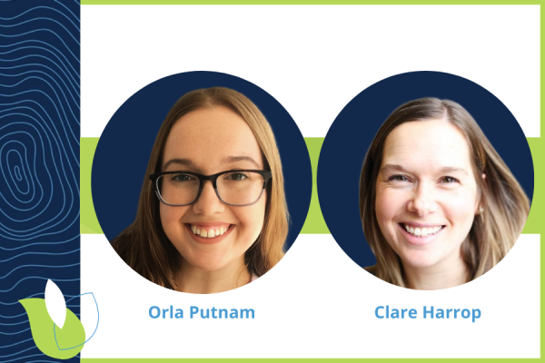 circular headshots of orla putnam and clare harrop on navy backgrounds overlayed on white media card with lime green horizontal stripe and navy blue vertical left-aligned stripe