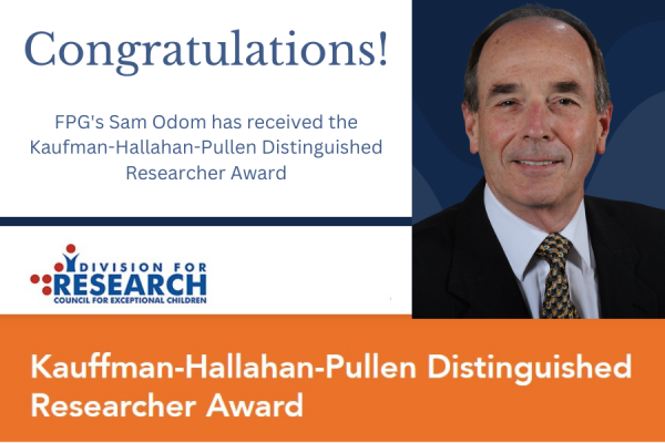 congratulations! fpg's sam odom has received the Kaufman-Hallahan-Pullen Distinguished Researcher Award; man in suit and tie smiles at camera