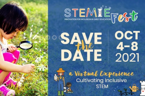 STEMIEFest save the date oct 4-6, 2021 card with young girl using magnifying glass in field of wild flowers