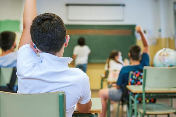 young students raise hands in classroom