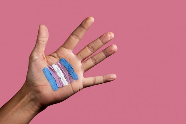 hand with transgender flag painted on palm