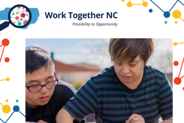 Work Together NC logo with magnifying glass; two people working together at a table