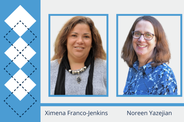 ximena franco-jenkins at left and noreen yazejian at right; headshots of two women with unc argyle pattern alongside