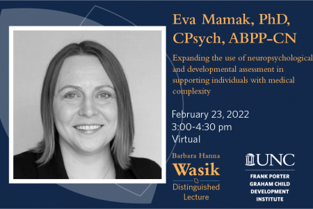 Eva Mamak, Phd, CPsych, ABPP-CN. Expanding the use of neuropsychological and developmental assessment in supporting individuals with medical complexity. February 23, 2022. 3:00-4:30 pm ET. Virtual. Barbara Hanna Wasik Distinguished Lecture.